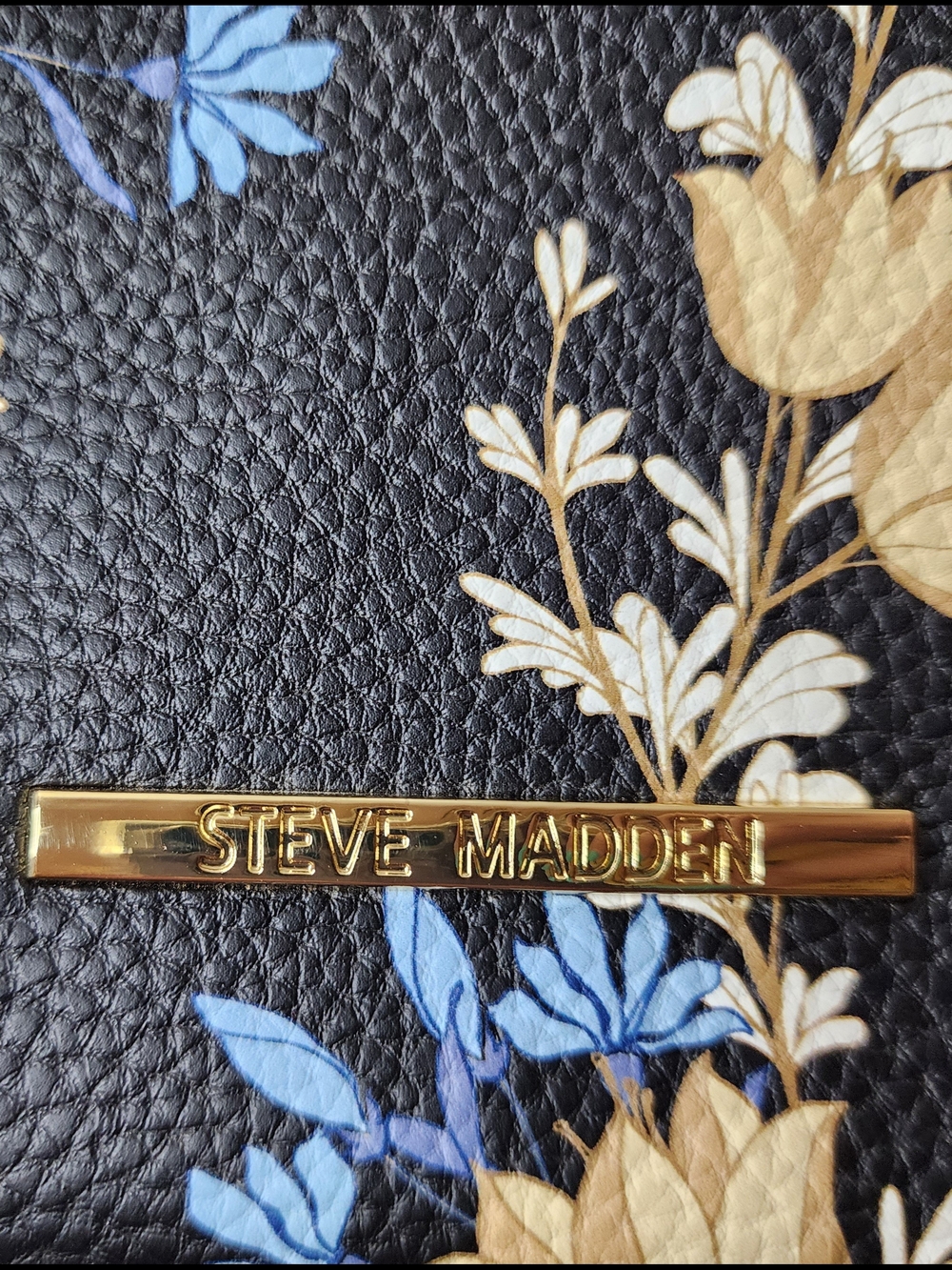 Steve Madden Black Floral Wristlet with Blue and Tan Blooms - Picture 2 of 5